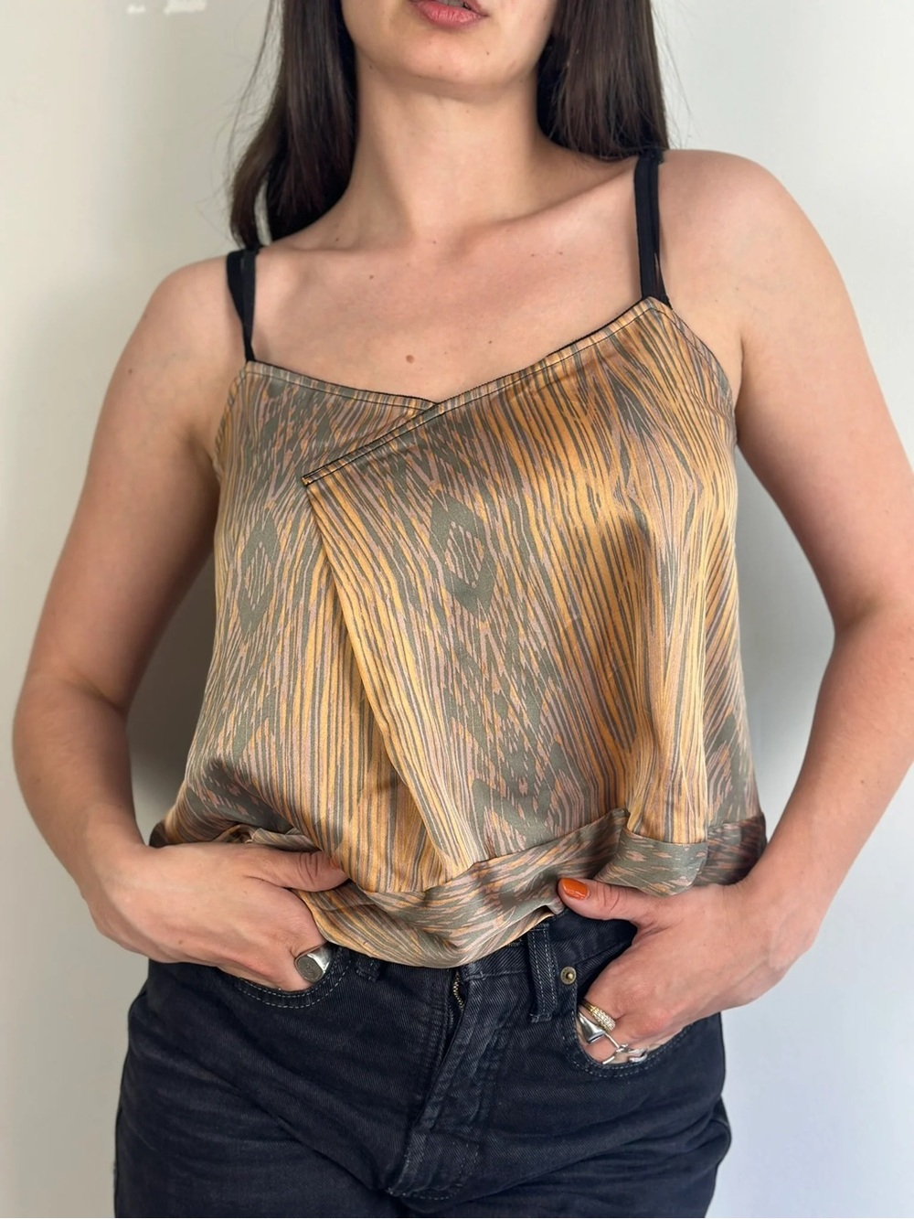 Derek Lam design nation Rio silky woodgrain pattern asymmetrical Y2K cami Tank S